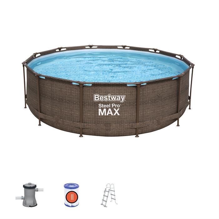 Piscină Rotundă Bestway Steel Pro MAX Deluxe Ø366x100 cm – 9150 L, Design Rattan