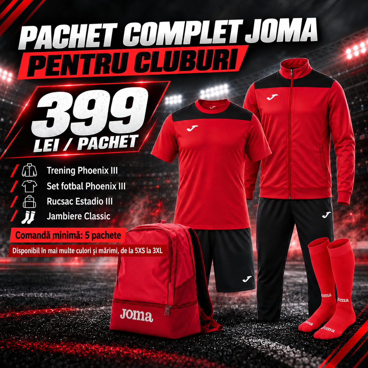 Pachet Fotbal JOMA Phoenix 4 Piese Trening Rucsac Jambiere