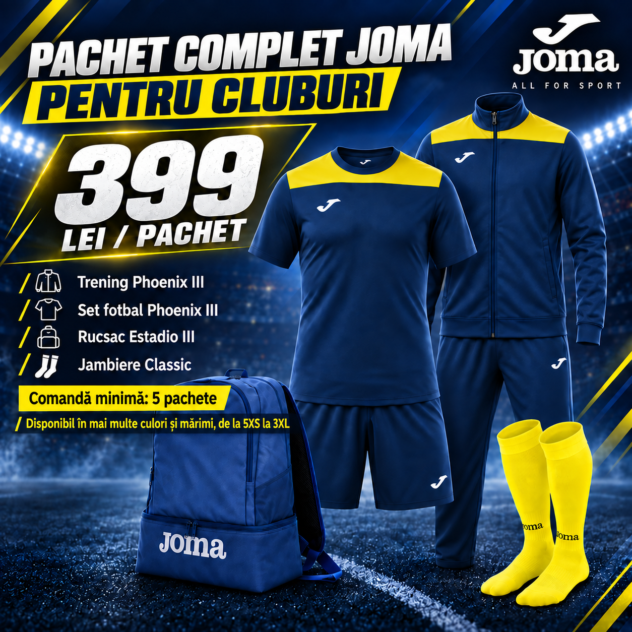 Pachet Fotbal JOMA Phoenix 4 Piese Trening Rucsac Jambiere