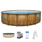 Piscină Rotundă Bestway Power Steel Ø488x122 cm – 19480 L, Design Lemn, Set Complet
