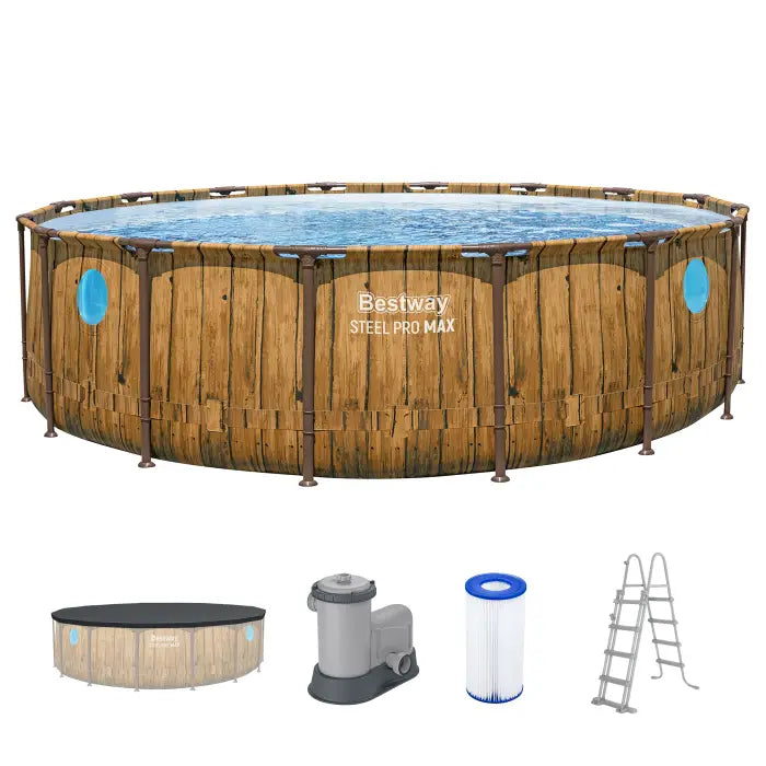 Piscină Rotundă Bestway Power Steel Ø488x122 cm – 19480 L, Design Lemn, Set Complet
