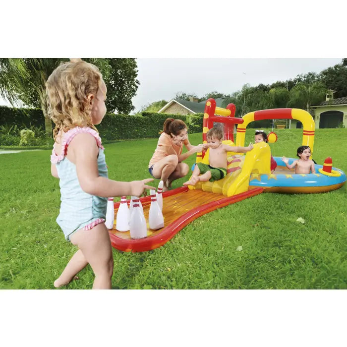 Parc Acvatic Gonflabil Bestway PlayCenter 435x213x117 cm – Tobogan, Coş Baschet, Sprinkler