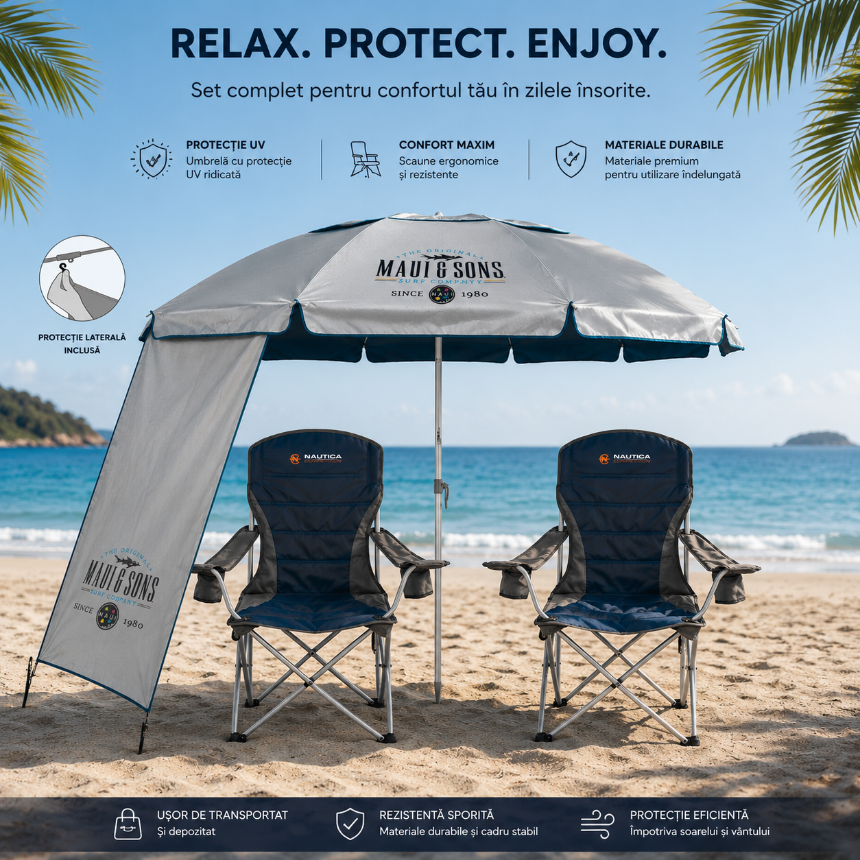 Set 2 Scaune Plaja NAUTICA + Umbrela Maui And Sons 190 cm UPF50+
