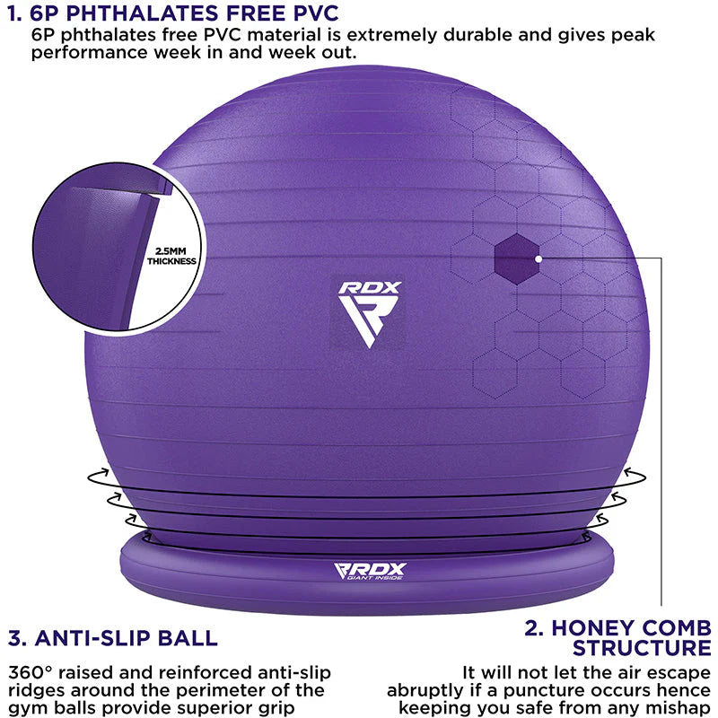 Minge de yoga gonflabila RDX B2 cu baza anti-alunecare, tuburi de rezistenta È™i pompa, 75 cm
