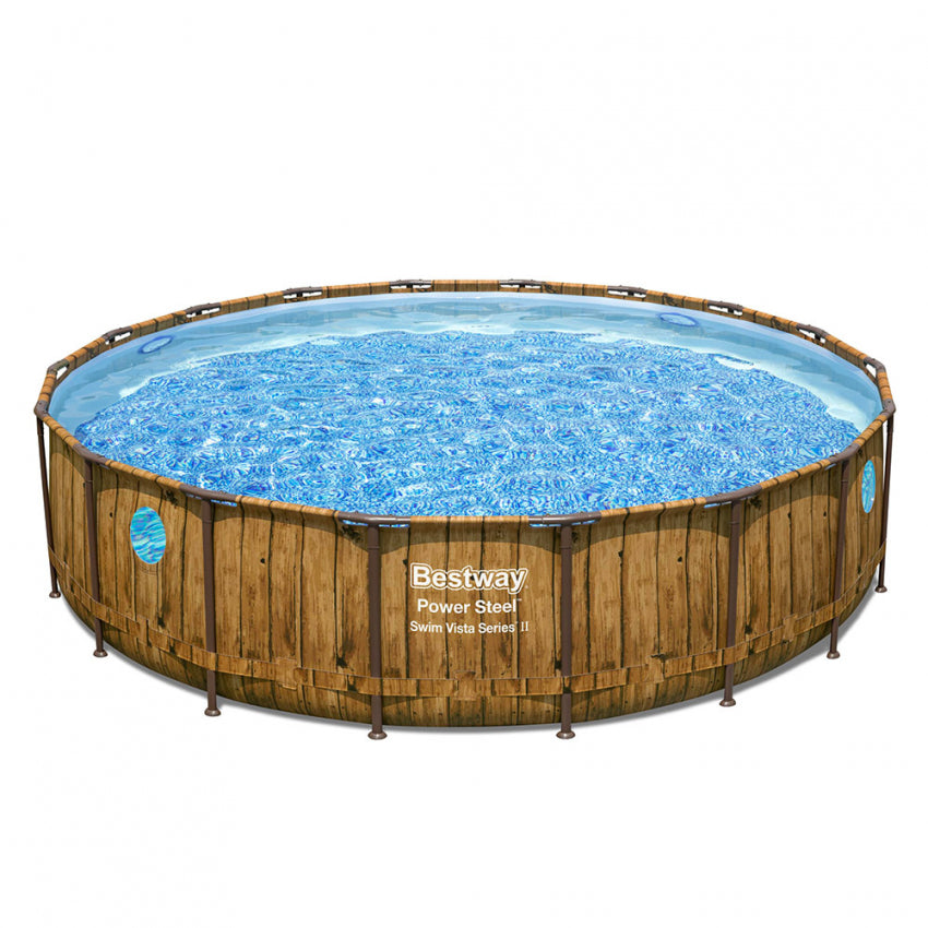 Piscină Rotundă Bestway Power Steel Ø549x122 cm – 23062 L, 4 Hublouri, Design Lemn