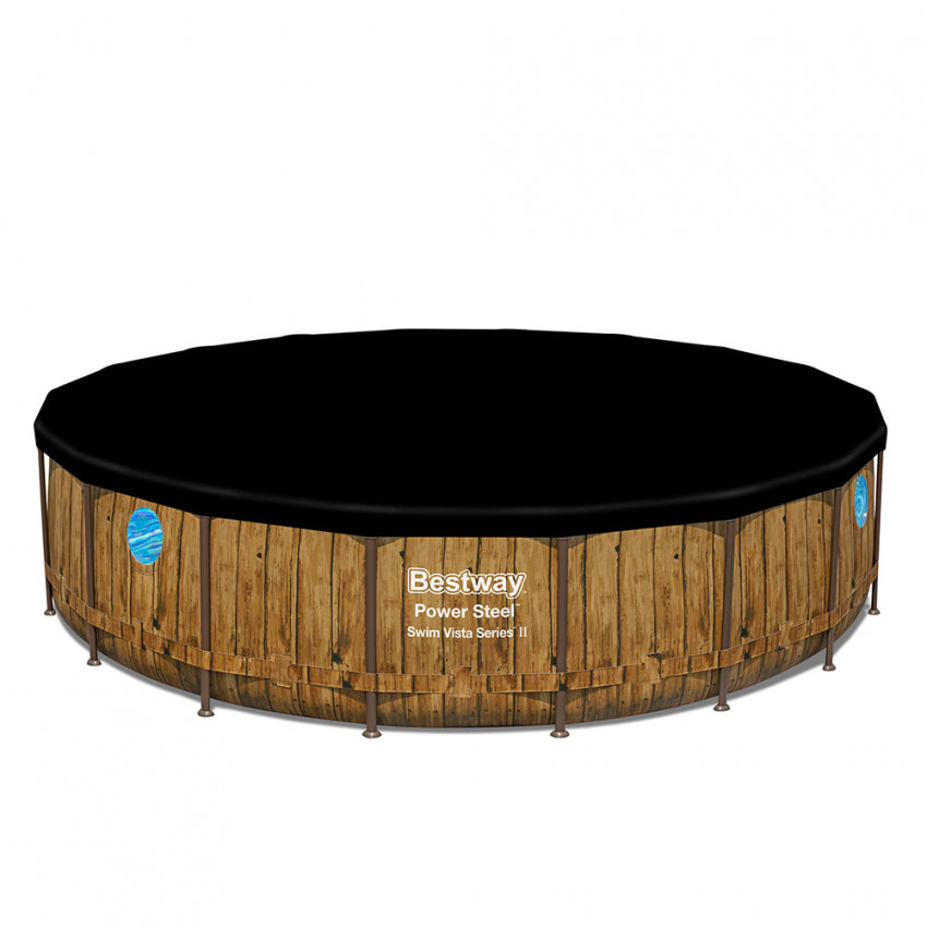 Piscină Rotundă Bestway Power Steel Ø549x122 cm – 23062 L, 4 Hublouri, Design Lemn