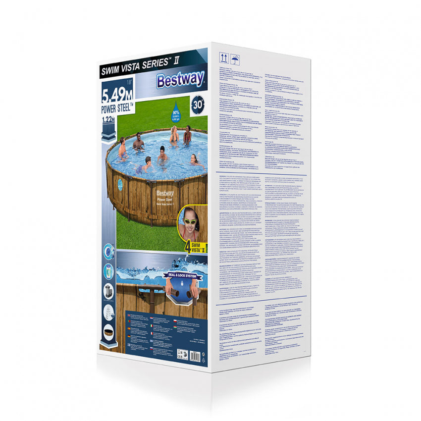 Piscină Rotundă Bestway Power Steel Ø549x122 cm – 23062 L, 4 Hublouri, Design Lemn
