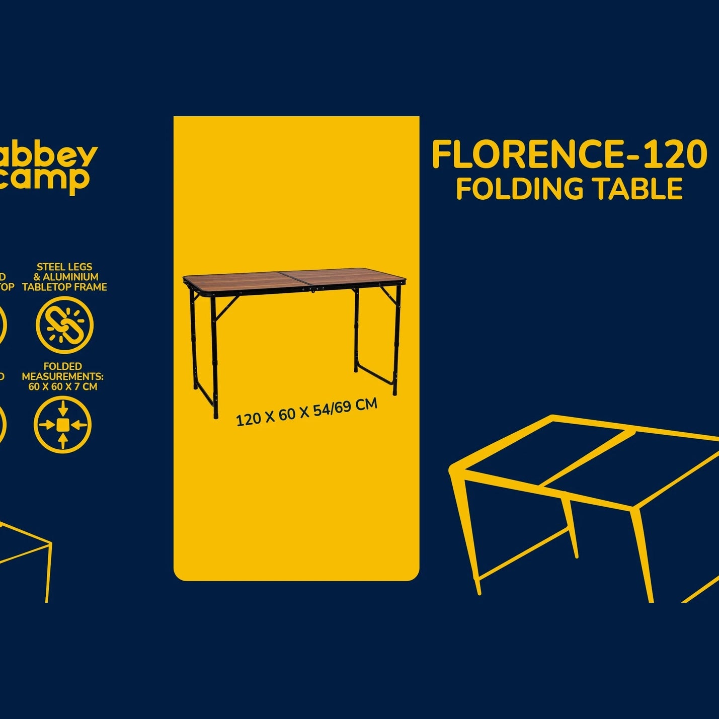Masă Pliabilă Camping ABBEY CAMP Florence 120x60cm Reglabilă