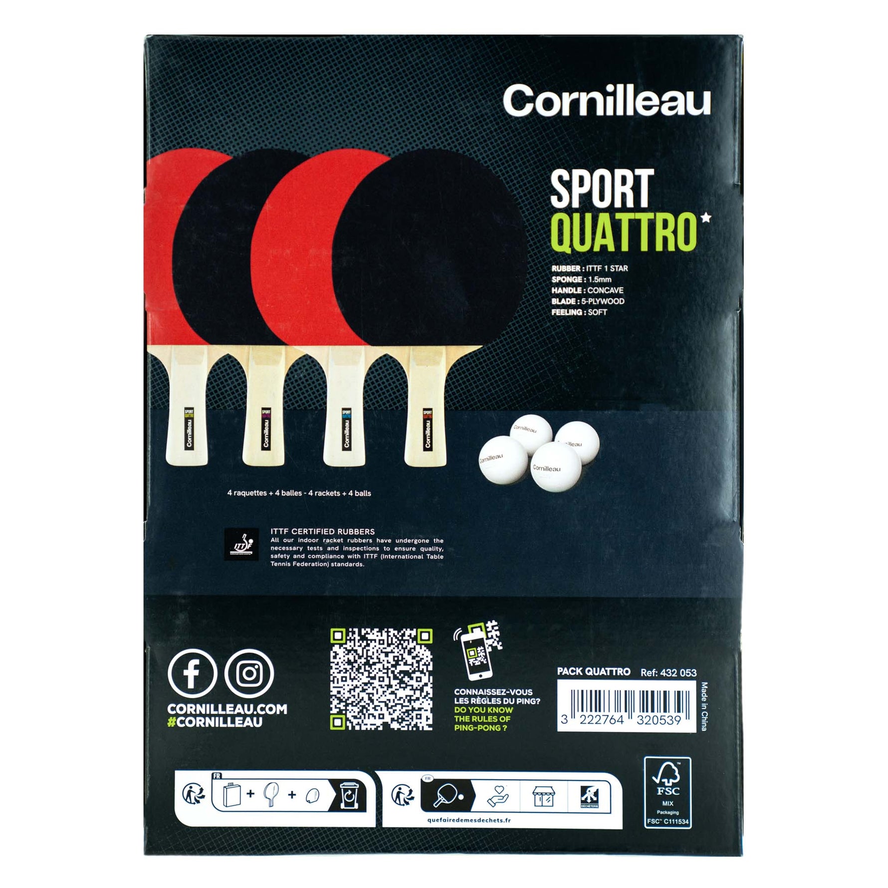 Set 4 Palete Tenis de Masă Cornilleau Sport Pack Quattro + 4 Mingi