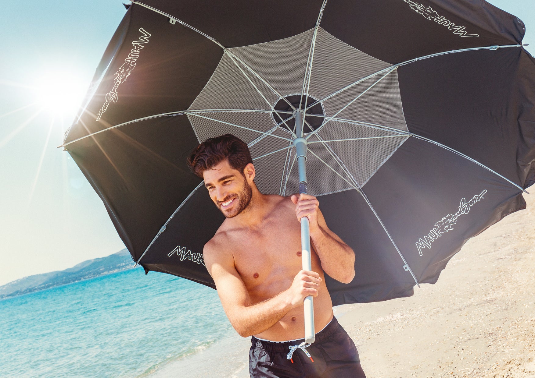 Umbrelă Plajă Maui & Sons UltraLight 190cm – Protecție UPF+50, Gri/Negru