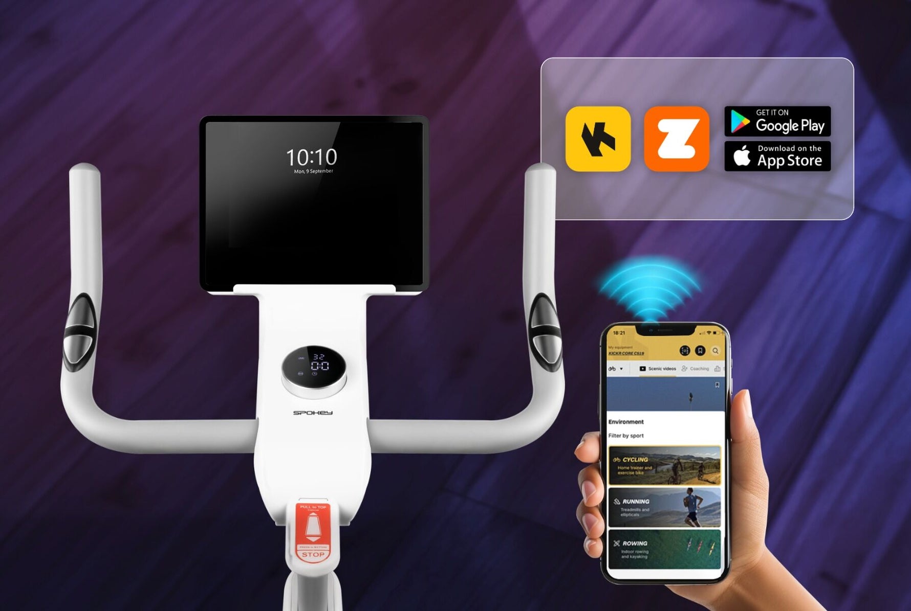 Bicicletă Fitness Electromagnetică Spokey ZEN – 32 Niveluri, Bluetooth, LED